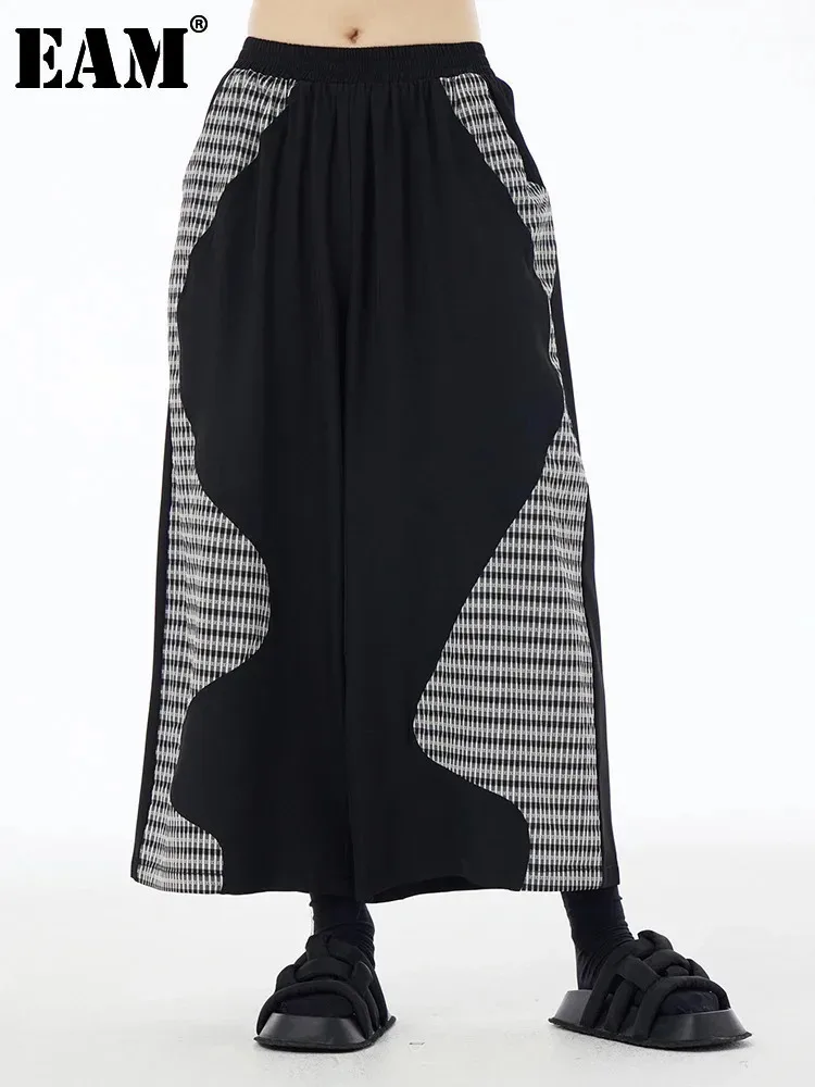 [EAM] High Elastic Waist Black Plaid Color-block Long Wide Leg Pants New Trousers Women Fashion Tide Spring Autumn 2025 1DH6076