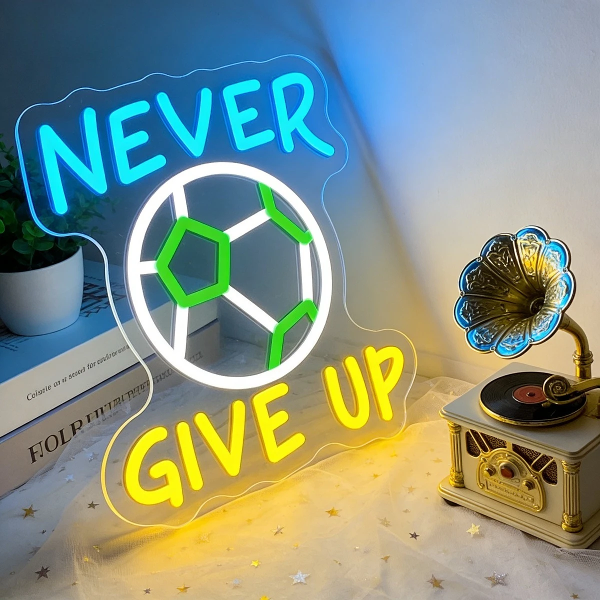 

Неоновая LED-вывеска «Никогда не сдавайся» с футбольной тематикой, USB, с регулировкой яркости, настенный светильник, сине-желтый, для спортзала, офиса, мотивационный декор для спортивных мероприятий и футбольных матчей