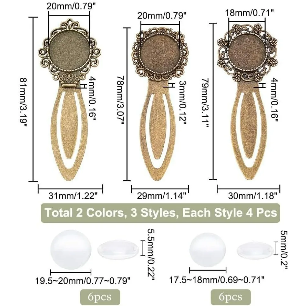 24 Pcs 3 Styles 2 Colors Bookmark Pendant Tray Kit, Including 12 Pcs Tibetan Style Bookmark Cabochon Settings 12 Pcs Dome