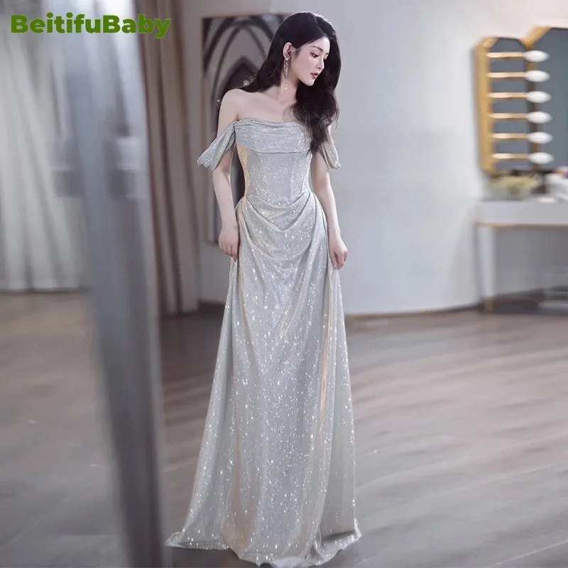 BeitifuBaby Evening Dress for Women Off The Shoulder Boat Neck Long Skirts Retro Banquet Gown Light Luxury Trumpet Party Dresses