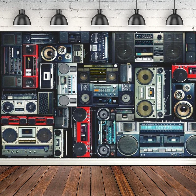 

Wall Of Radio Boombox Photography Backdrop Nostalgic Old-Fashioned Amplifier Music Antique Audio Bass Loudspeaker Background