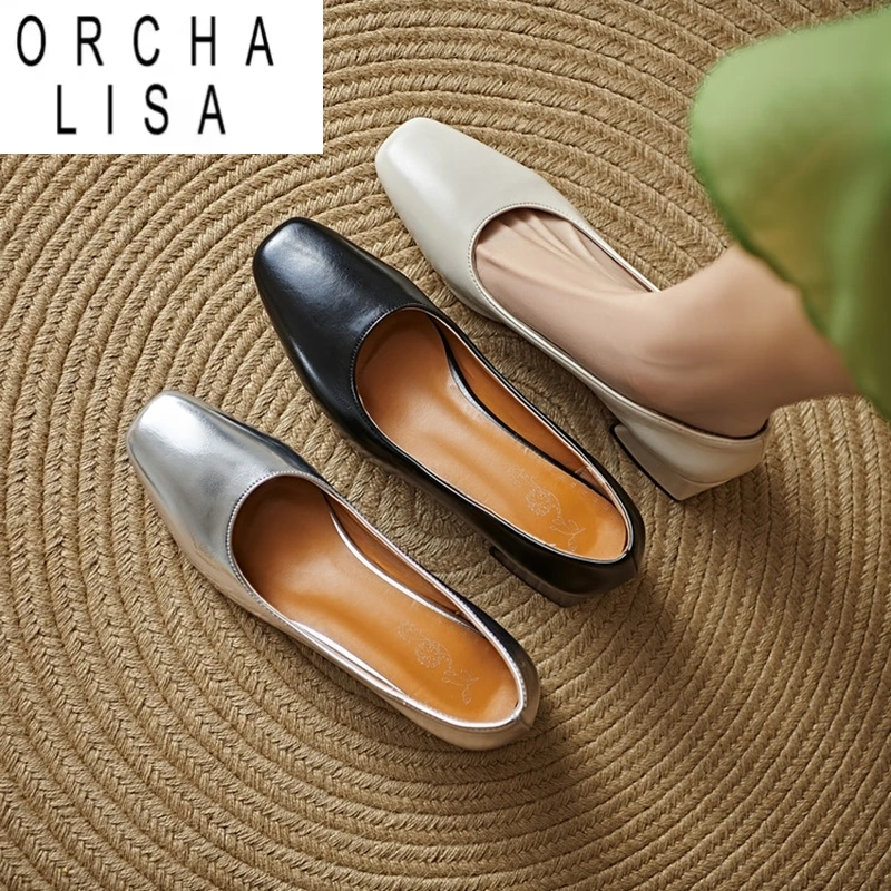 

ORCHA LISA Весенние модные женские туфли-лодочки из искусственной кожи с квадратным носком 4,5 см, туфли без шнуровки черного, бежевого, серебристого цвета, большой размер 42, 43 45, 46 US15