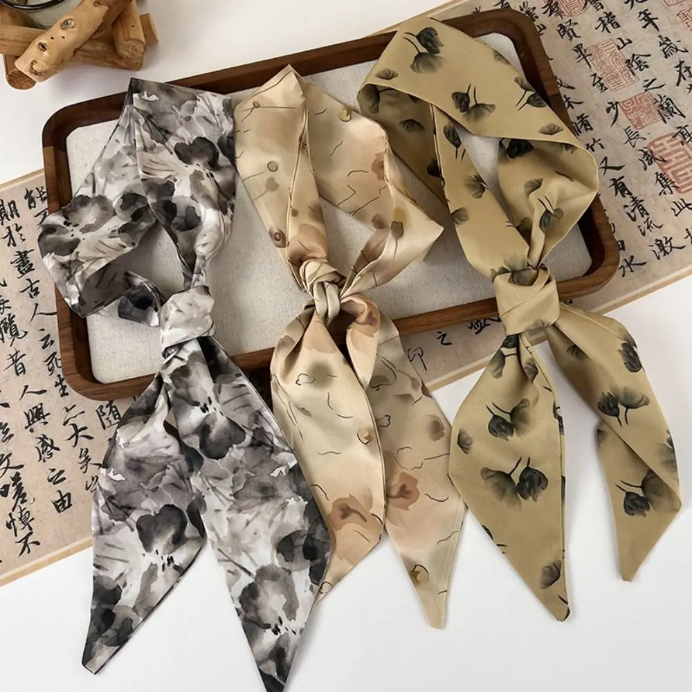 Ribbon Ink Painting Silk Scarf Chinese Style Hair Tie Long Ancient Hair Band Printed Scarf Headdress Long Silk Scarf Lady