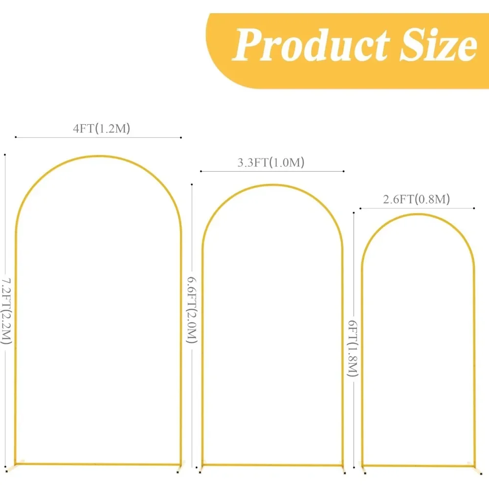 Metal Arch Stand Gold Wedding Chiara Backdrop Stand Set of 3 (7.2FT,6.6FT,6FT) Square Arched Frame for Birthday Party Decoration