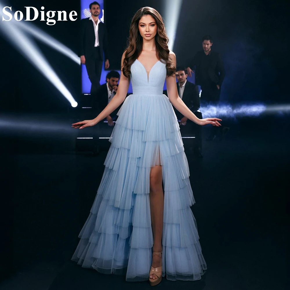 

SoDigne Sky Blue A-Line Tulle Evening Dresses Spaghetti Strap Pleated Sleeveless Tiered Side Slit 2024 V-Neck Party Prom Gowns