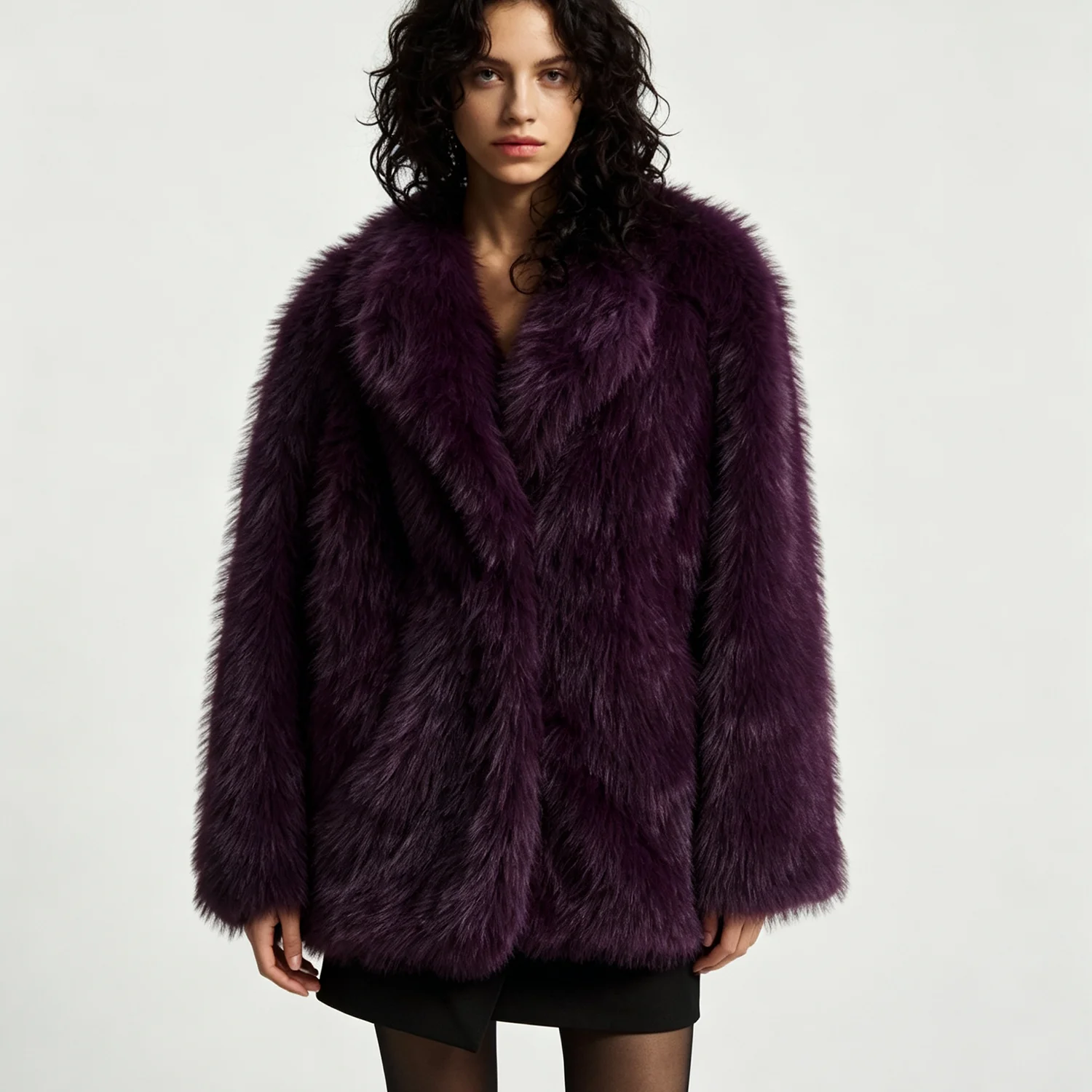 PUAL   Women Lapel Fuzzy Faux Fur Jacket Single Button Shoulder‑pad Warm Winter Plush Outerwear