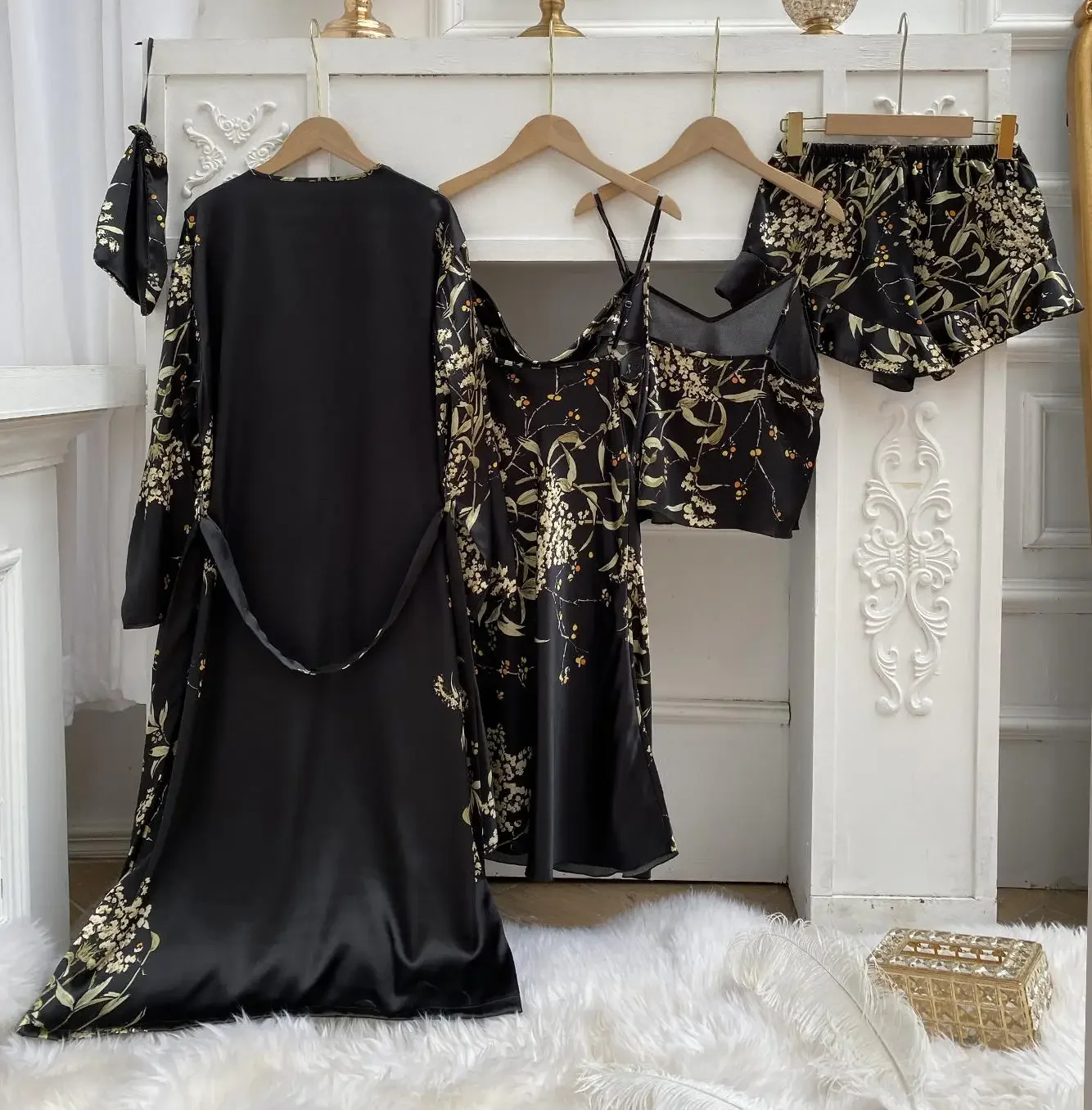 Print Bathrobe Gown Suit Summer 4PCS Pajamas Set Women Sexy Kimono Strap Top&Shorts Sleepwear Satin Home Wear Robe Nightgown