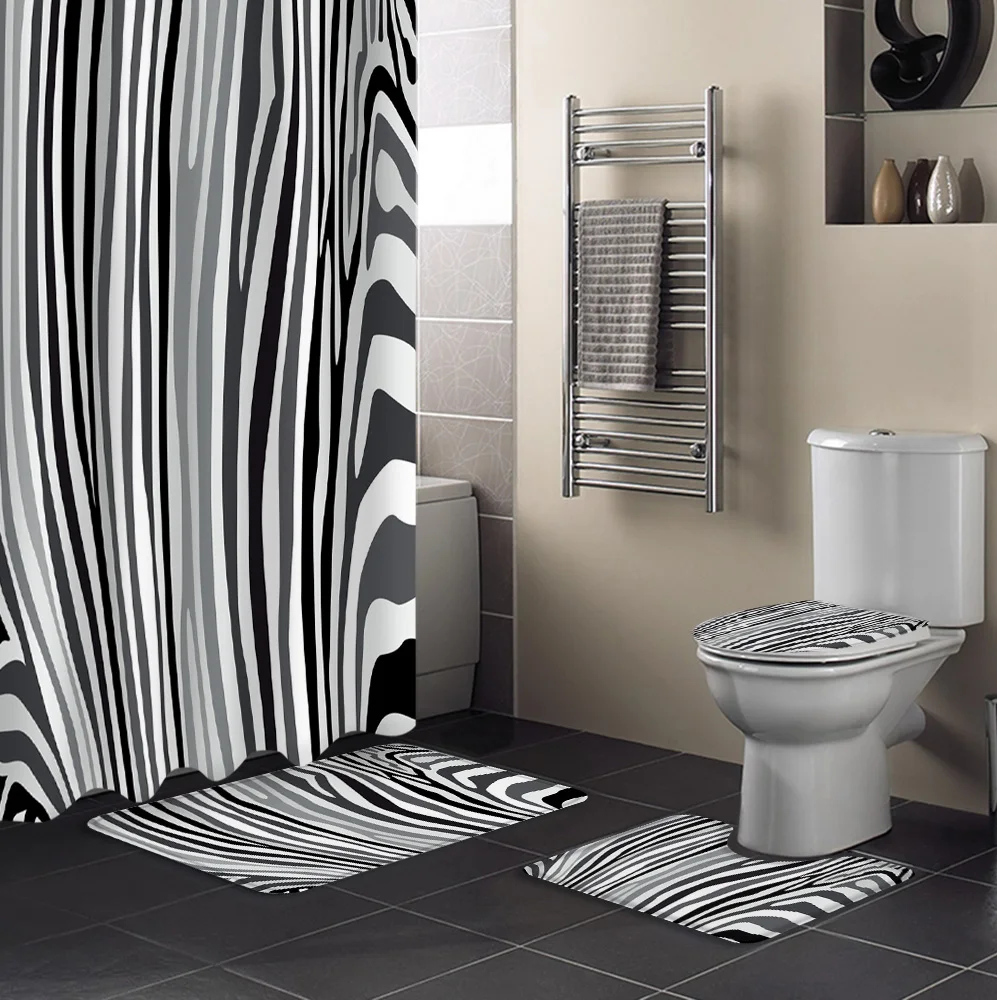 Zebra Black And White Stripes Shower Curtain Toilet Seat Cover Set Wc Accessories Mat Bathroom Decor Bath Curtains