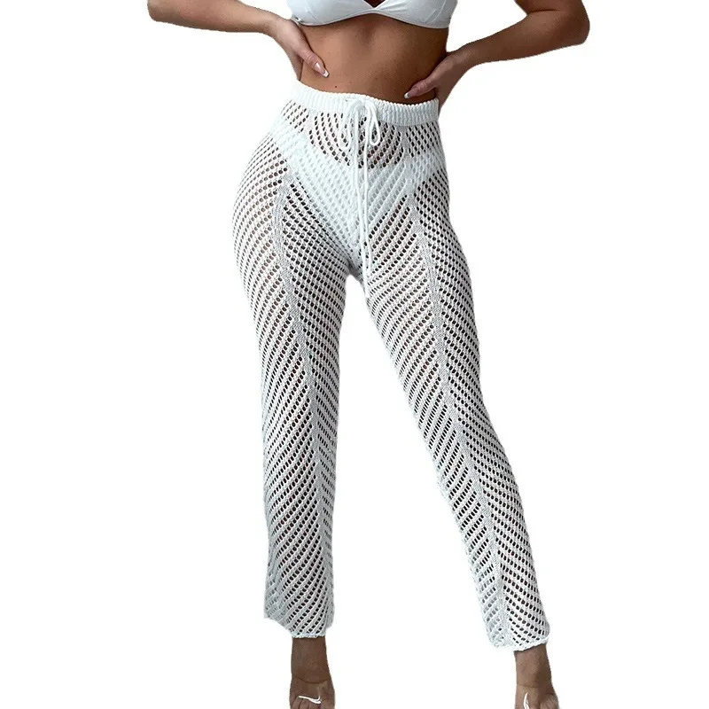 Pantalones sexis de punto blancos calados para mujer, pantalones de Bikini para cubrir la playa, con cordones, transparentes, para vacaciones, calle alta, verano