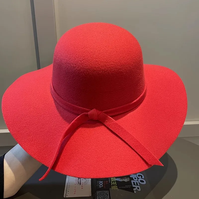 Women\'s Wide Brim Felt Bowler Faux Fedora Hat Floppy Sun Bowknot Cloche Cap Bowlers Hat for Ladies gorros mujer invierno