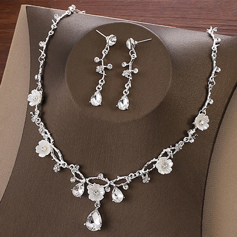 Fashion Flower Crystal Costume Jewelry Rhinestone Choker Necklace Earrings Set For Women Tiaras Crown Wedding Jewelry