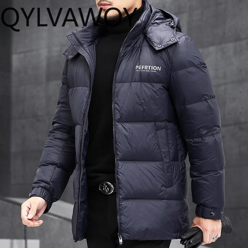 QYLVAWOY 100% Polyester Men's Winter Mid-Length Down Jacket Branded Hooded Outerwear White Duck Down Cold-Proof Thickened LJ2140