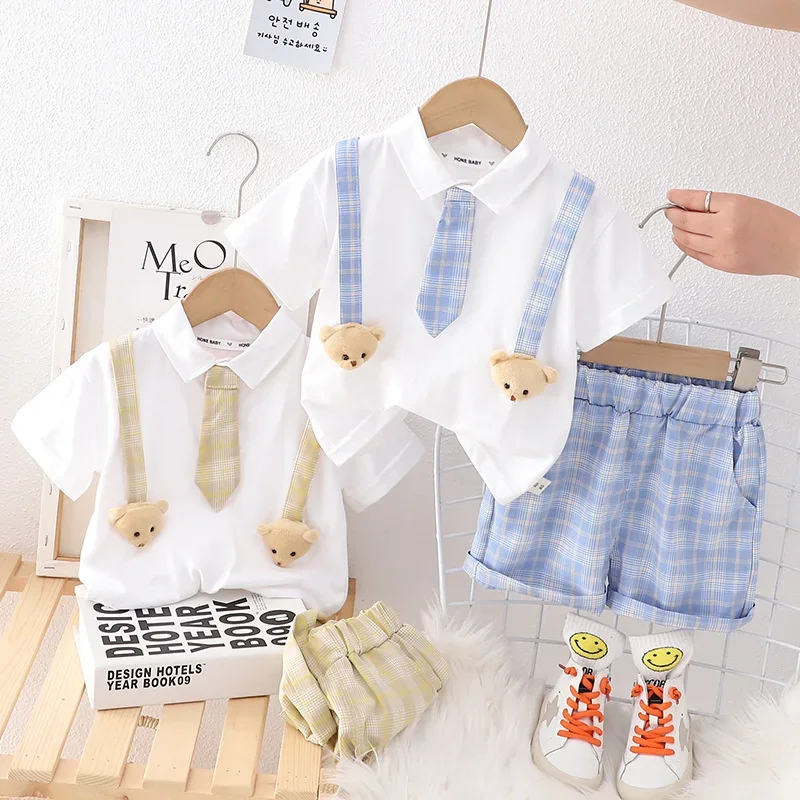 New Summer Baby Clothes Suit Children Boys Clothing Plaid T-Shirt Shorts 2Pcs/Sets Toddler Casual Cotton Costume Kids Tracksuits
