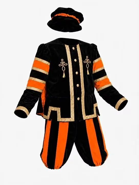 Traje de Caballero Renacentista Tudor para Hombre, de Terciopelo Negro y Naranja a Rayas, con Sombrero y Capa, Traje Medieval para Cosplay de Escenario