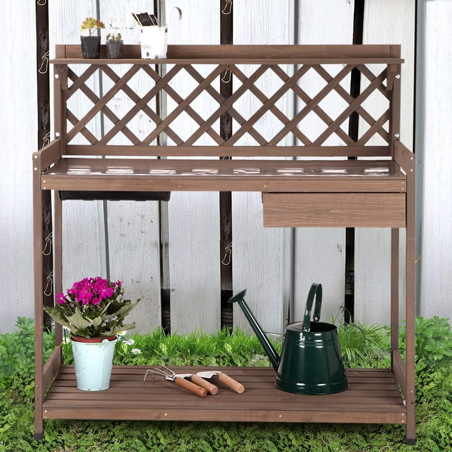 

Potting Bench Garden Table for Plants Outside Outdoor Wooden Garden Work Bench with Sink Storage PVC Layer Drawer Shelf Hook