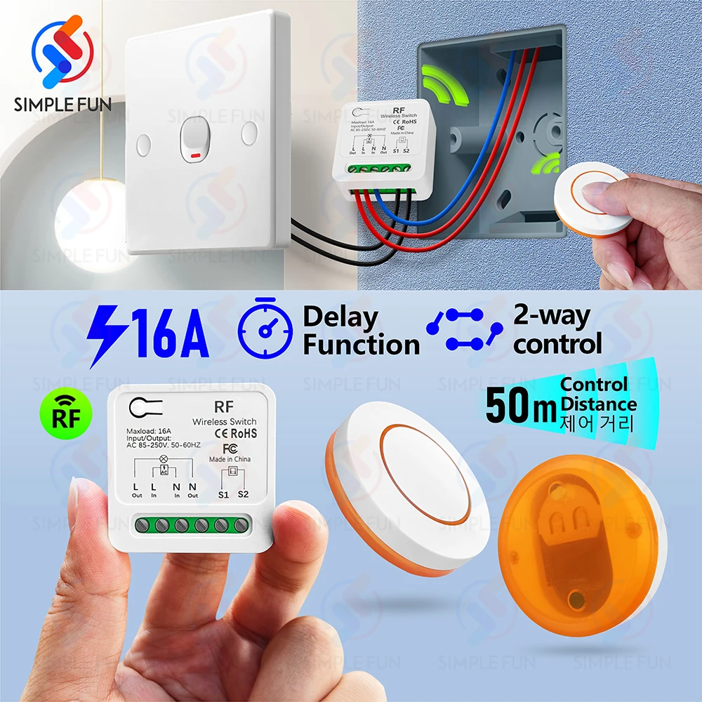 433Mhz Mini DIY Wireless Remote Control Light Switch 2 Way Control 110V 220V 16A Mini RF Module Mini Transmitter Timing Function