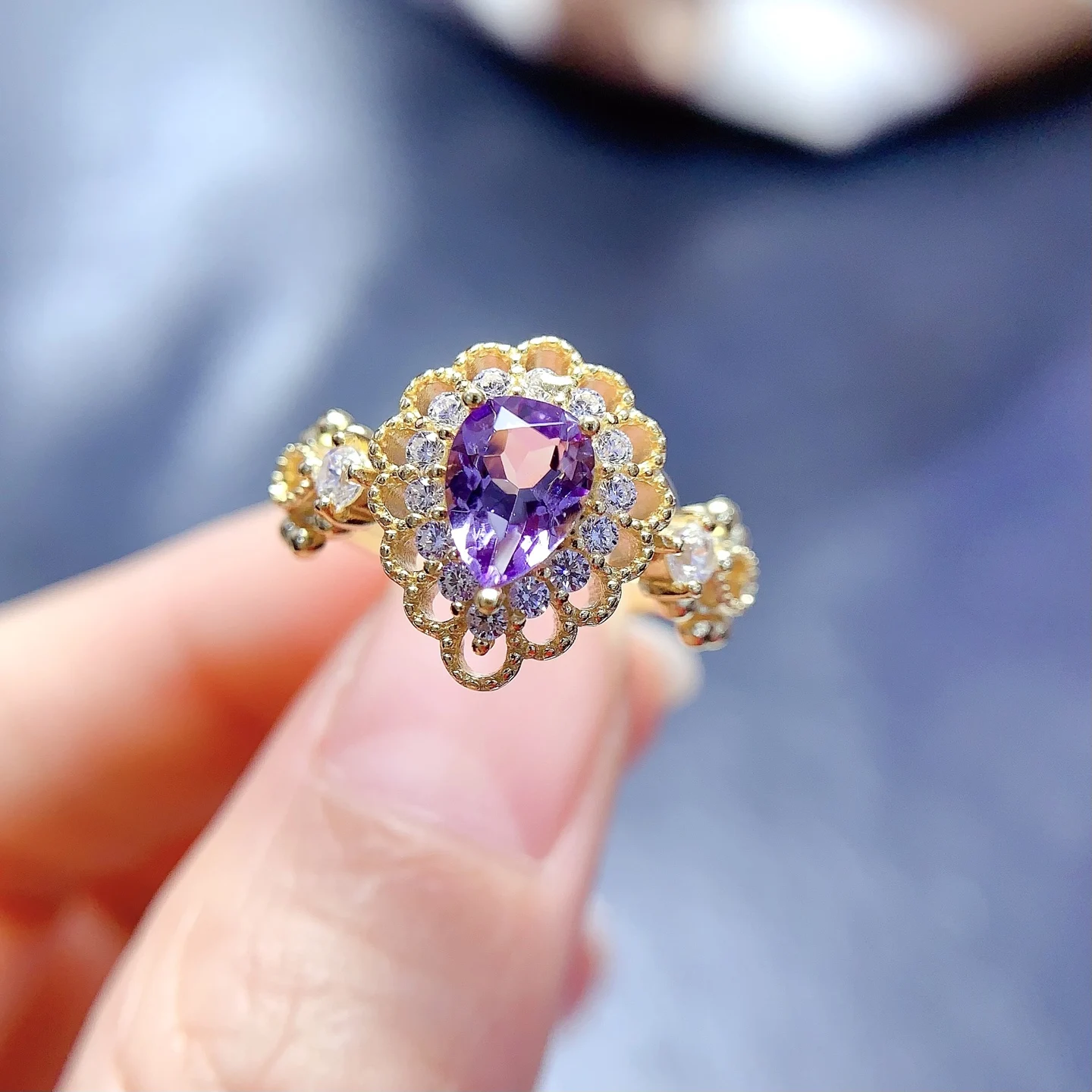 

FS 5*7mm Natural Amethyst Sterling Silver Ring for Women Fine Fashion Hollow Out Charm Weddings Jewelry With Certificate MeiBaPJ