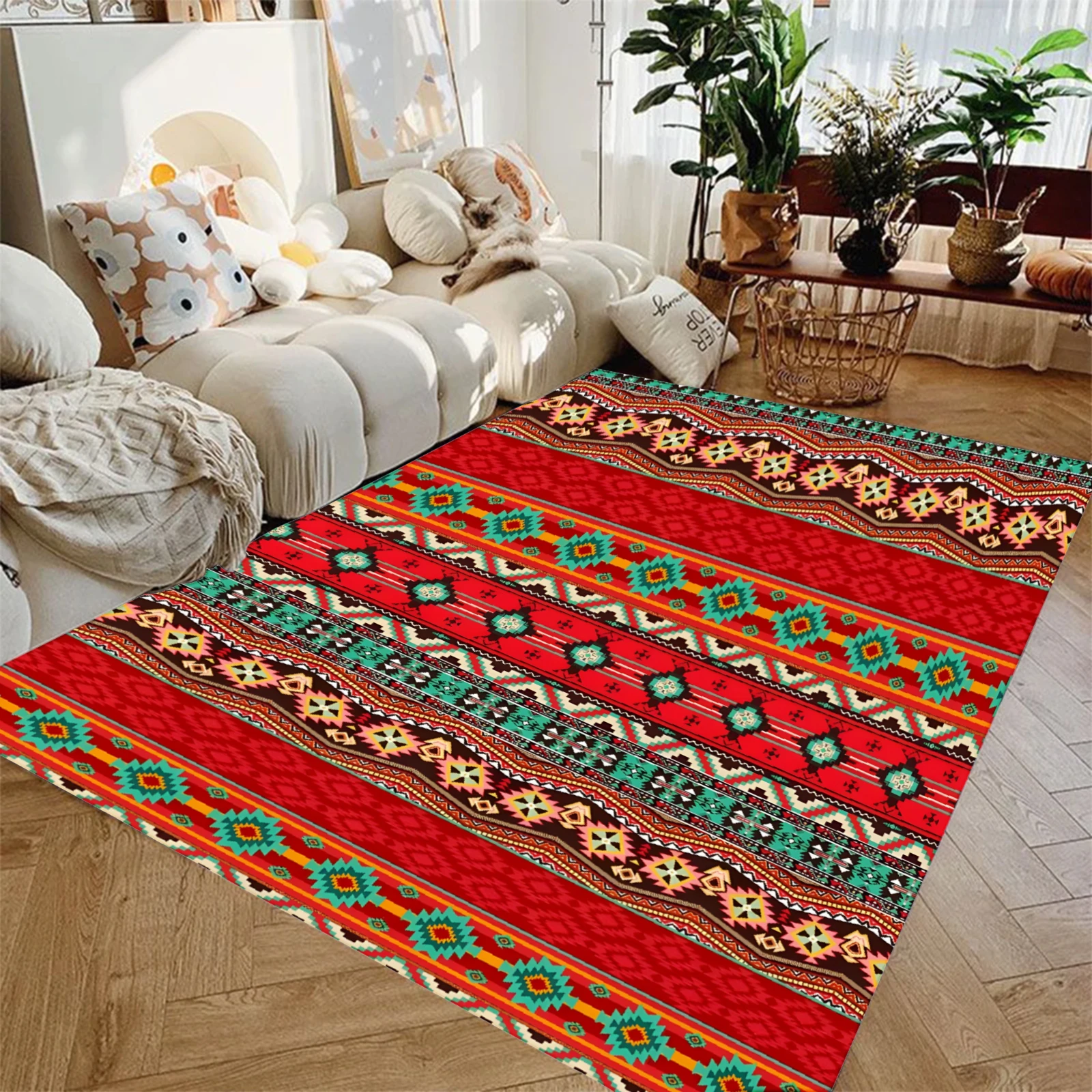 

Ковер с этническим этническим узором, красный с зелеными и оранжевыми геометрическими узорами для декора гостиной, спальни или гостиной