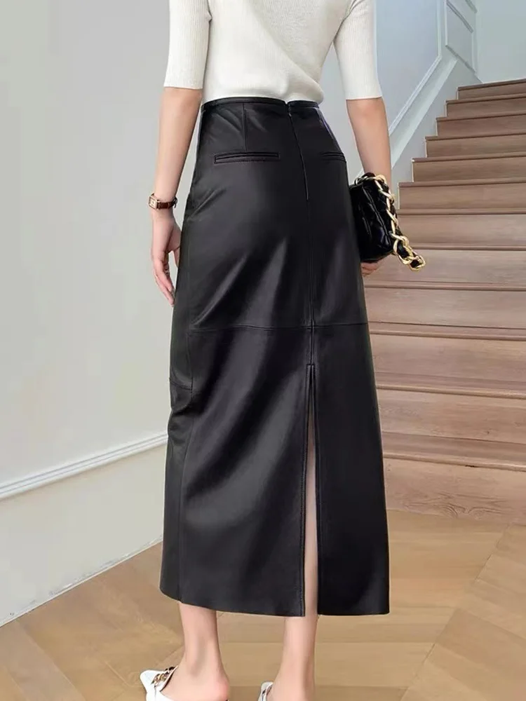 2023 Autumn/Winter Women Leather Maxi Skirt Feminino High End Vintage Back Split Wrapped Saias Slim Ankle Long Faldas Largas