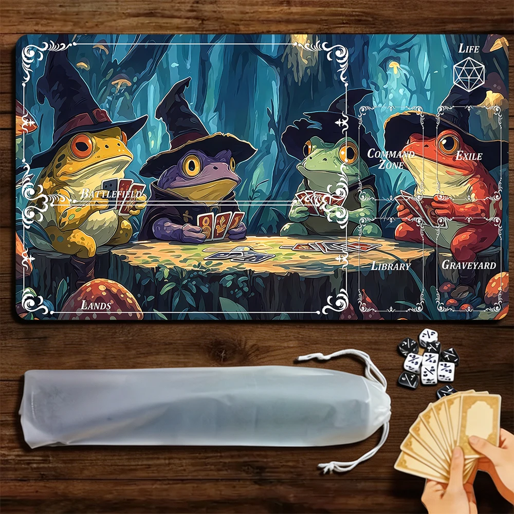 Fantasy Frog Wizard TCG Playmat Magic Playmat with Stitched Edge Anti-slip base 60X35cm Gathering Gaming Mat Trading Card Game