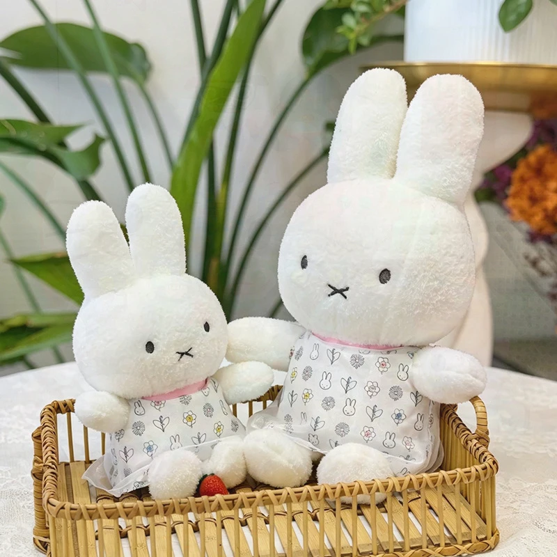 Cute Miffy Rabbit Plush Doll, Soft Stuffed Bunny with Floral Apron Dress, Cartoon Figure Pillow Gift for Children Collectors