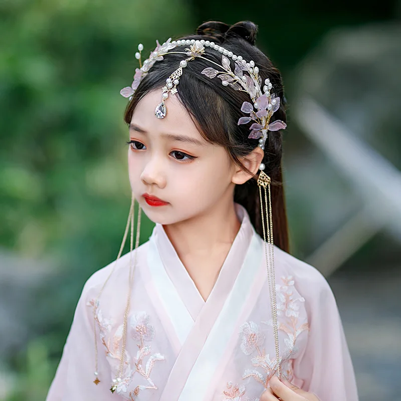 Accessori per capelli Hanfu cinese Nappa Orecchini finti Fascia per capelli Foglia floreale Tiaras Fascia per capelli Fotografia di viaggio Gioielli per capelli da fata