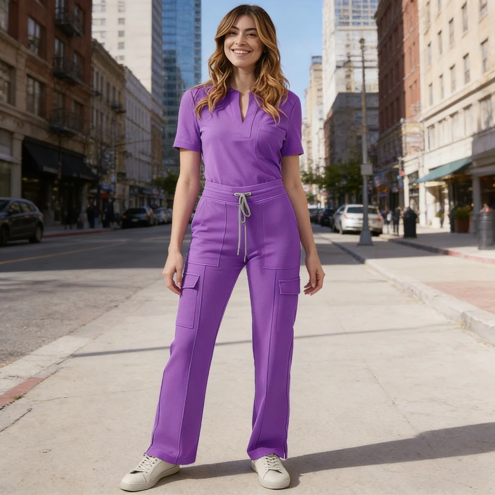 Commuter casual two-piece suit, women's V-neck matte top, wide-leg pants, designer hand-brushing clothes.