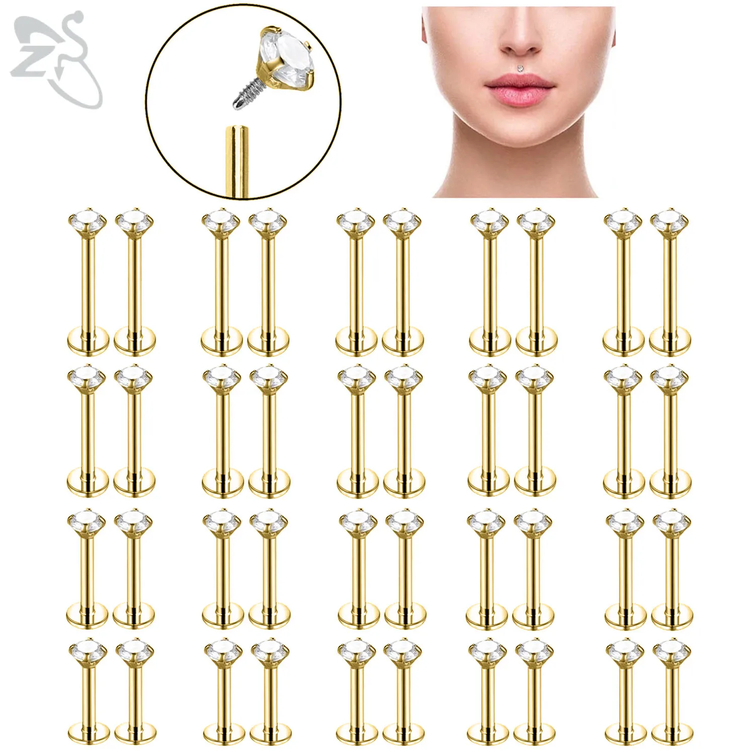 

ZS 10 Pcs/lot Gold Color 16G Stainless Steel Labret Lip Piercing Set 3MM CZ Crystal Cartilage Tragus Helix Piercings 6/8/10/12MM