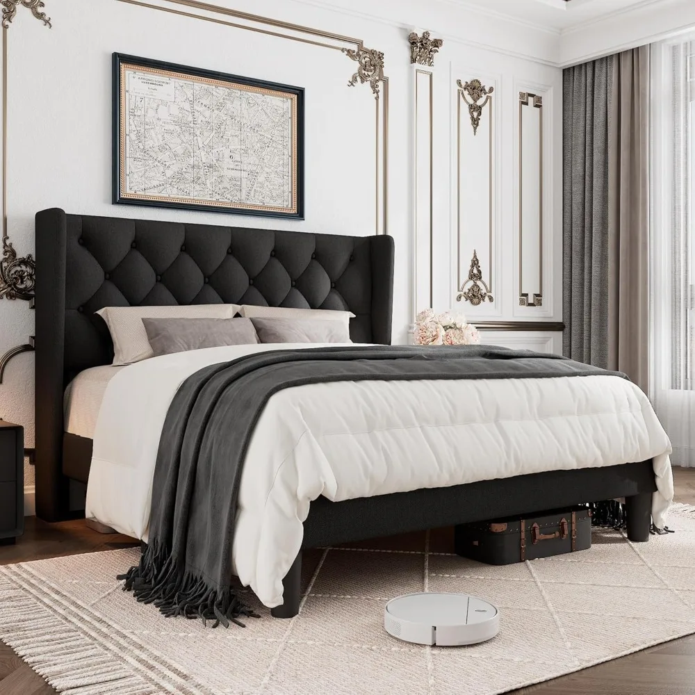 Size Bed Frame with Button Tufted Headboard, Upholstered Platform Bed Frame with UnderBed Storage, Wooden Slats Supports, N