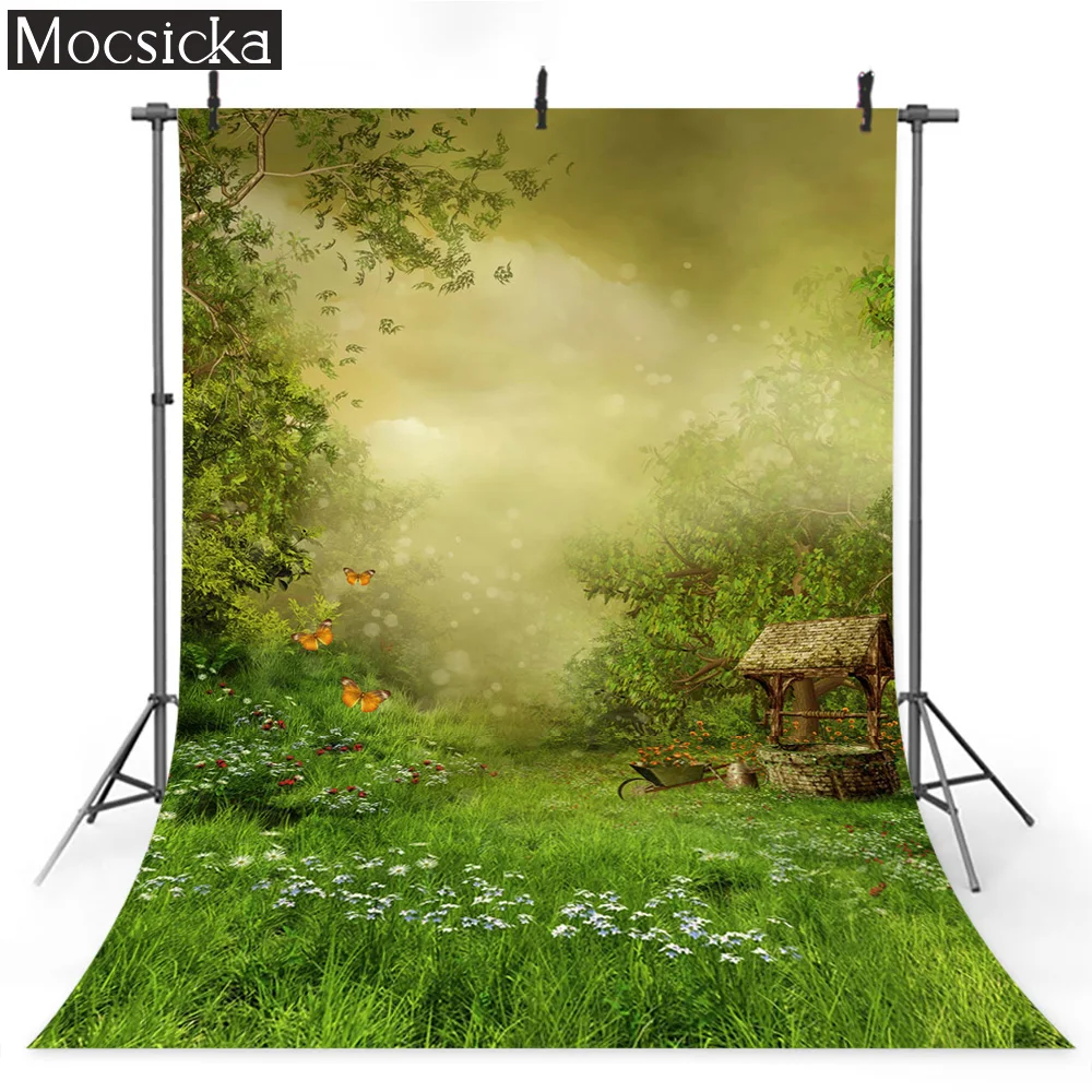 MOCSICKA Misty Forest Photographic Backgrounds Green Trees Grass Vintage Wells Decorative Backdrop Children Photography Props