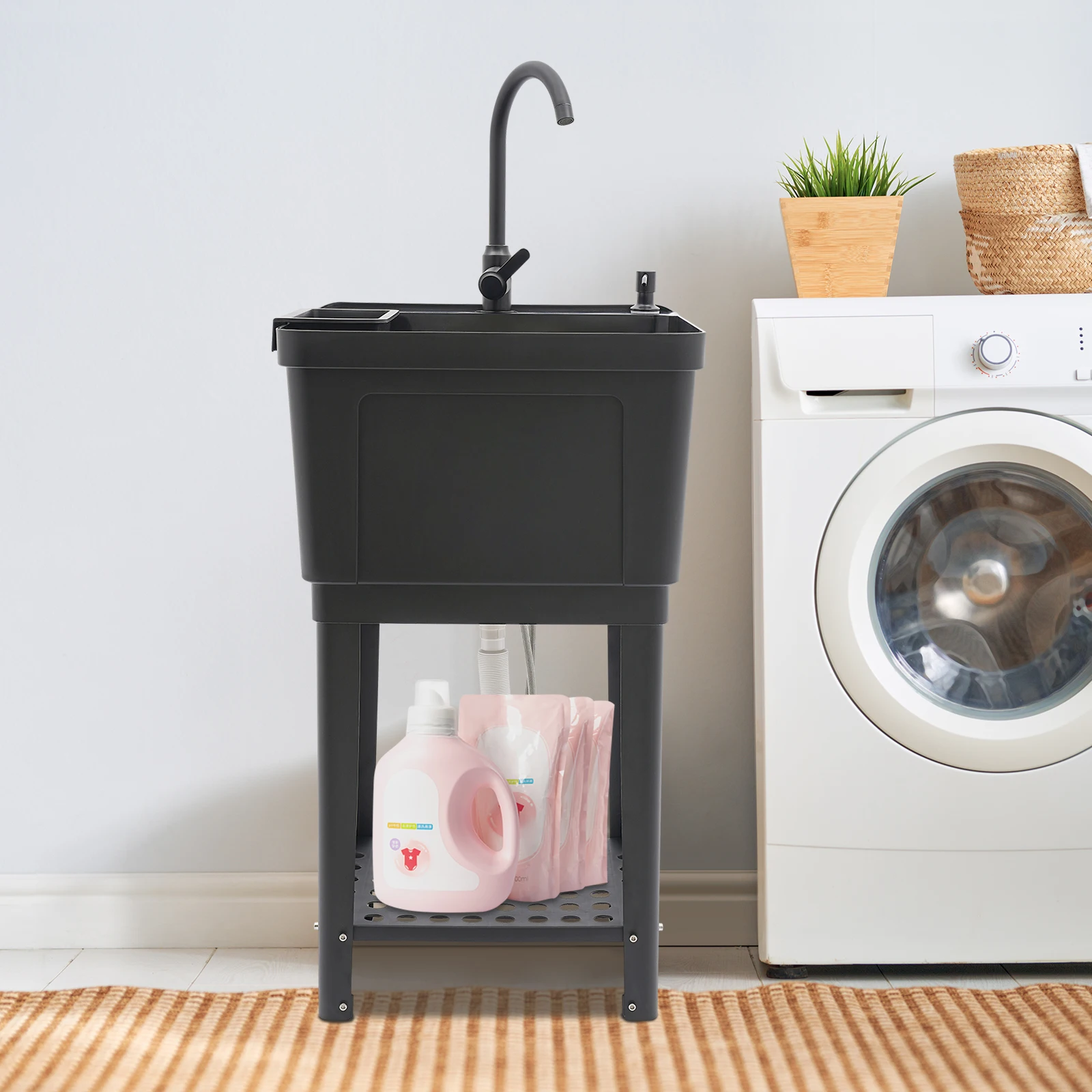 

Black Freestanding Sink PP+Aluminum Alloy+Iron - Rotatable Faucet&Soap Dispenser, Impact-Resistant&Rust-Resistant