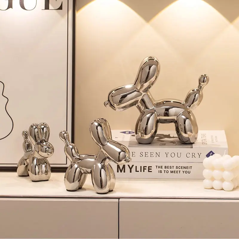 Ceramic Sculptures Silver Balloon Dog Decoration Statue Crafts Figurines Bedrooms Desktop Luxury Home Decor Accessories view 3