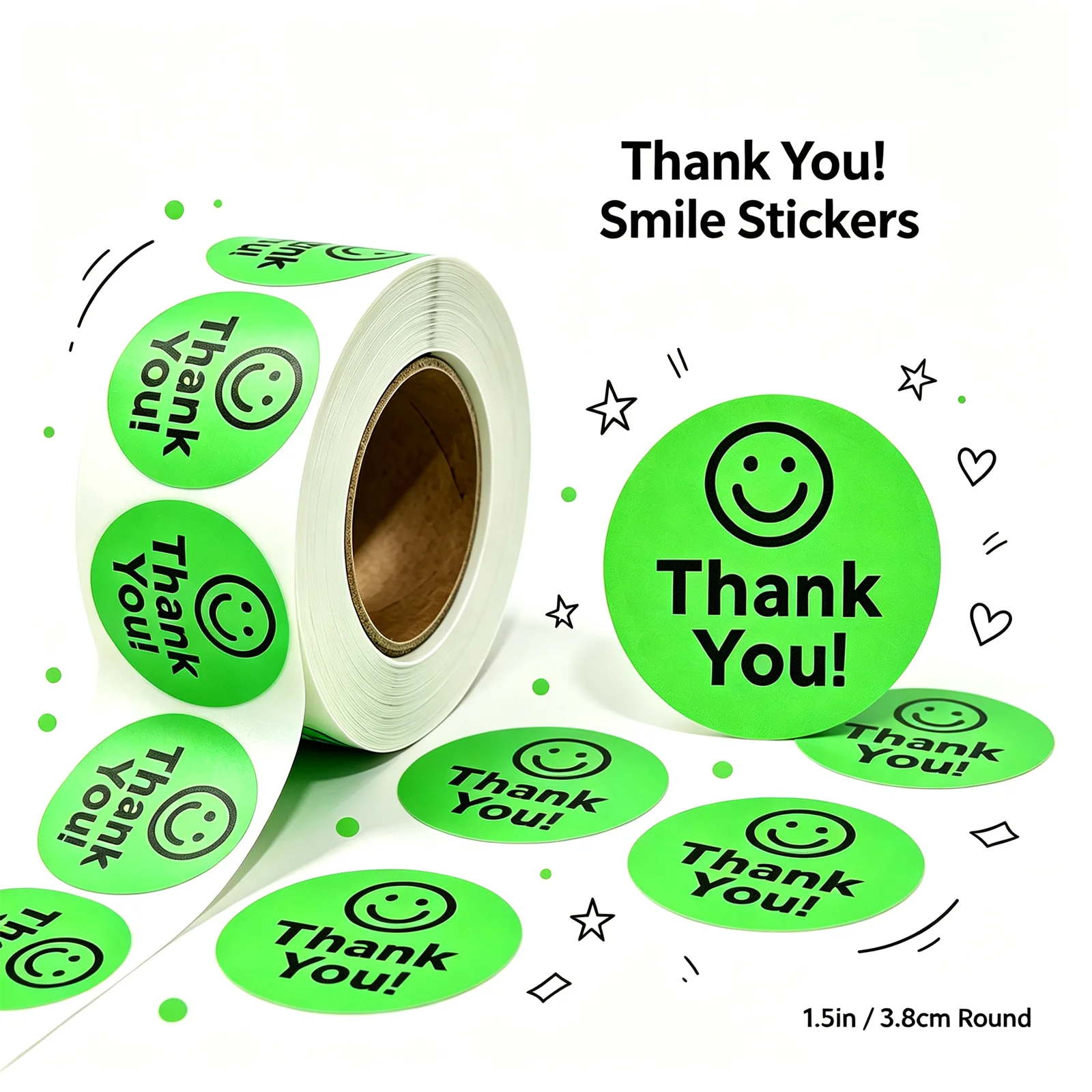 250Pcs-1.5In/3.8Cm Vibrant Firefly Green Gift, Envelope, and Craft Packaging Decoration Label Stickers Firefly Green Smile Thank You Label Stickers Small Business Product Packaging Decoration Stickers Firefly Green Stickers to Express Gratitude