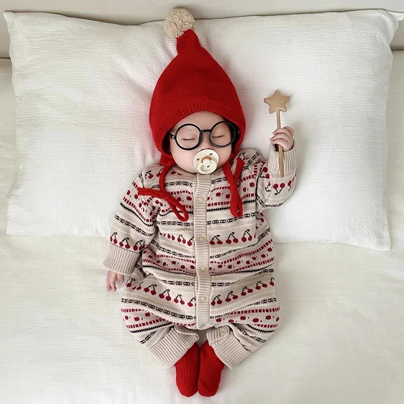 

Рождественская теплая одежда для малышей от 0 до 24 месяцев, вязаный комбинезон вишневого цвета для новорожденных мальчиков и девочек, комбинезон с длинными рукавами, осенне-весенняя одежда