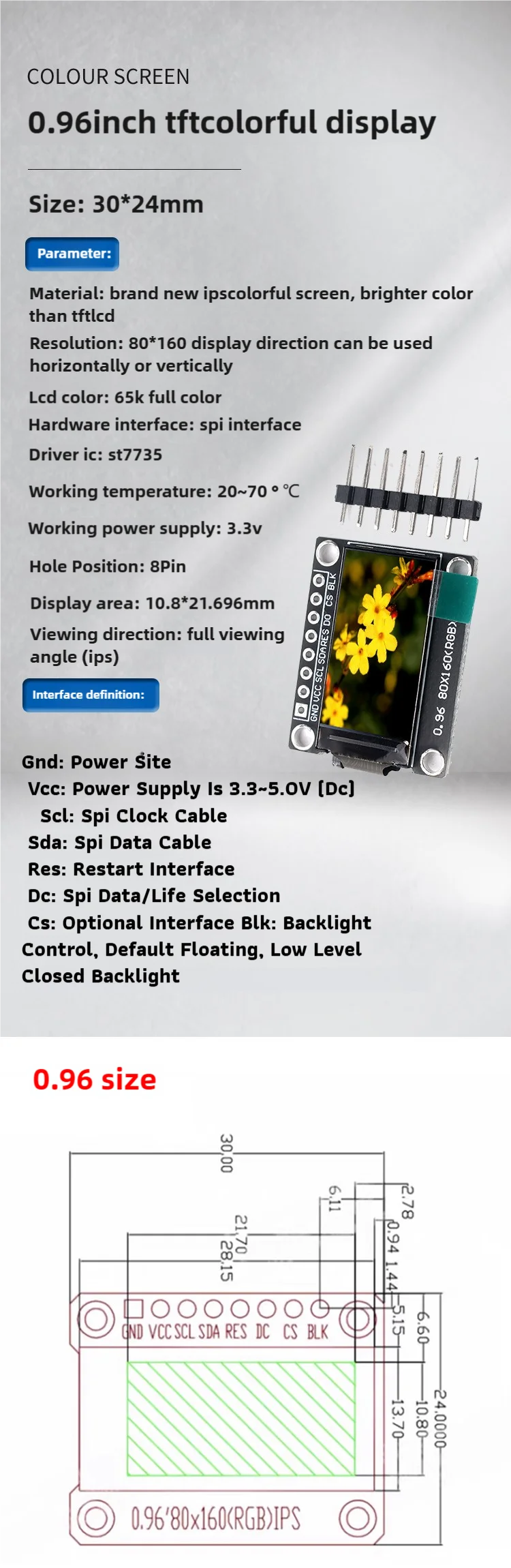 Snvi TFT IPS LCD Display Modul 0,96/1,3/1,44/1,8 Zoll 7P SPI-Schnittstelle ST7735 ST7789 Treiber Farbbildschirm für Arduino ESP32 – Detail 3