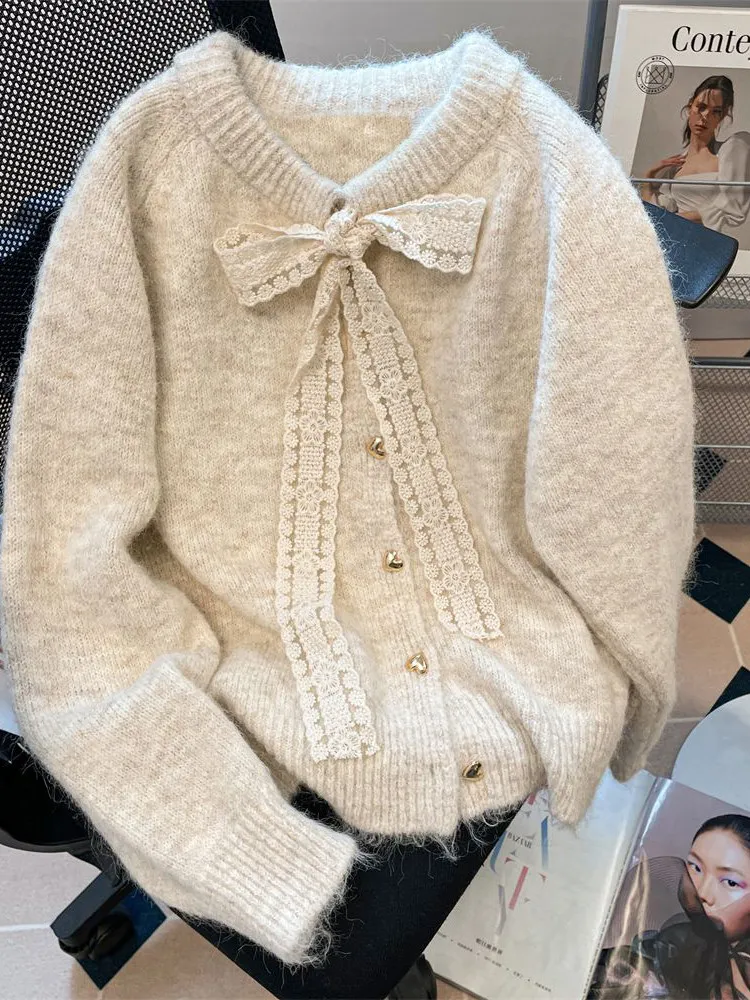 

2026 Кружевной свитер с завязками, кардиган для женщин, новое осенне-зимнее вязаное пальто, толстые, мягкие и липкие вязаные джемперы в ленивом стиле