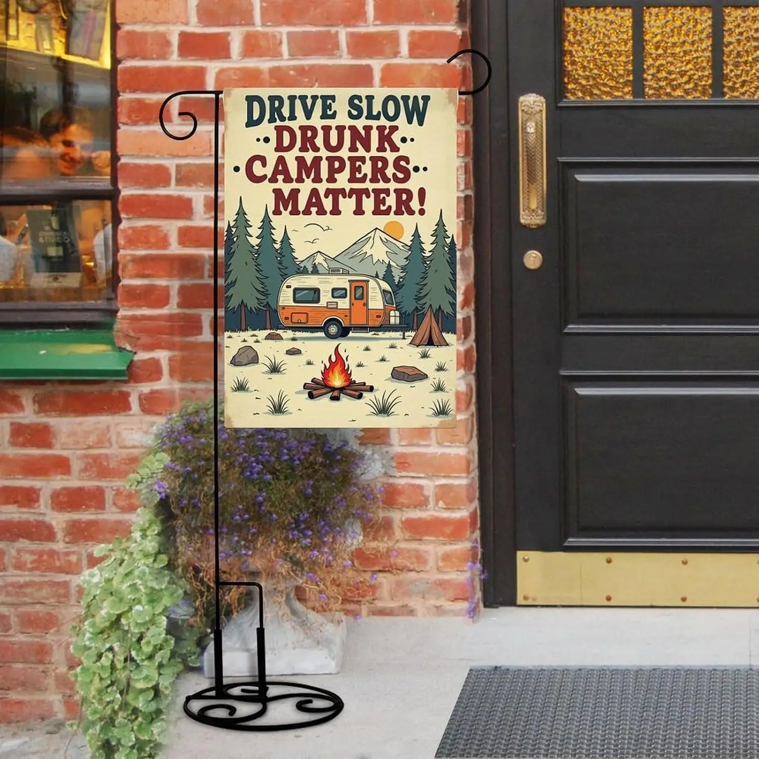 Drive Slow, Drunk Campers Matter, Vintage Camper Design with Mountain Double Sided Garden Flag 12x18 Inch, Outdoor Decor, Ya MMZ