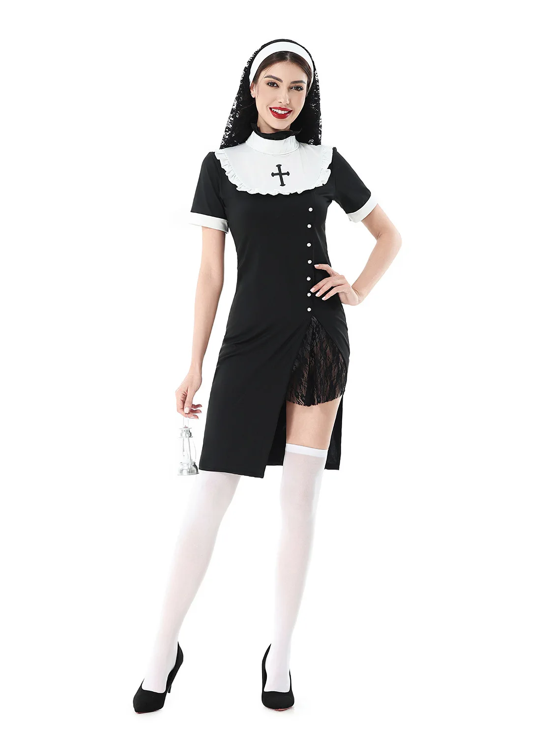 Disfraz de Monja Sexy para Halloween, Estilo Gótico Oscuro, Ropa para Actuaciones de Carnaval, Incluye Accesorio de Cruz, Moda Femenina