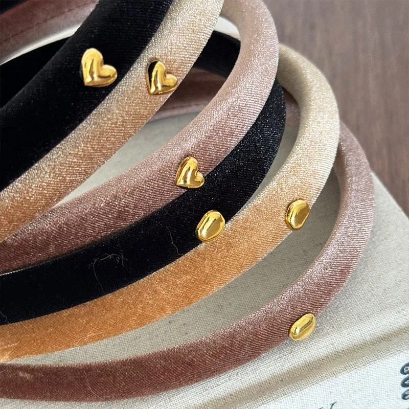 Velvet Gold Love Bean Hair Hoop Narrow Edition Slim Autumn Winter Anti slip Head Hoop High Head Top Vintage HairClip Accessories