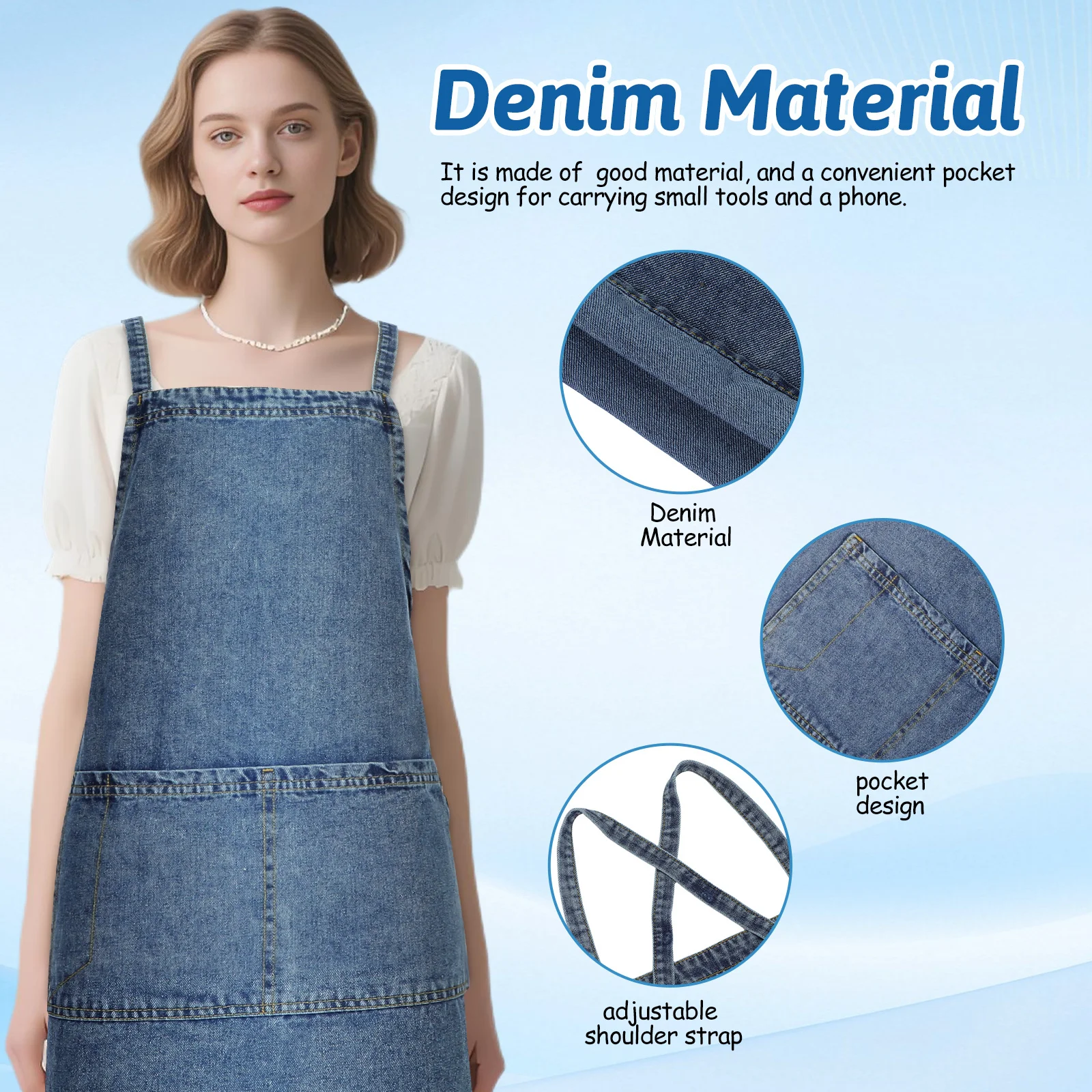 1 szt. Gruby fartuch dżinsowy dla kobiet, fartuch kuchenny chroniący przed zabrudzeniami, z kieszeniami, regulowany, z krzyżowym wiązaniem na plecach, nadający się do prania, wielokrotnego użytku.
