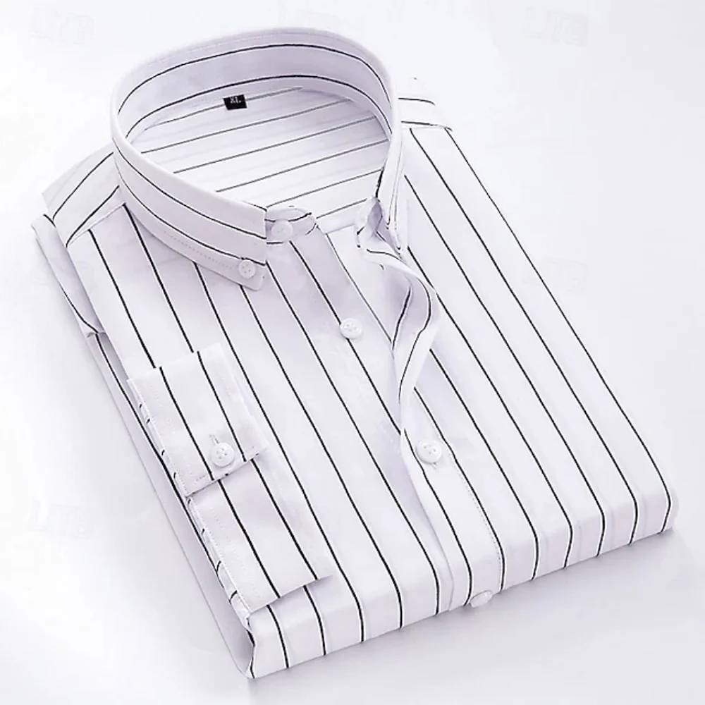 2026 Men's Formal Shirt - Horizontal Stripe Shirt - Buttoned Collar Shirt - Soft Fabrics Shirt - Wedding Style - Black - White -