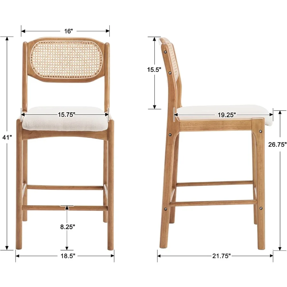 Rattan Counter Height Bar Stools Set of 2 Farmhouse Barstools with Cane Back Comfortable Linen Upholstered Bar Chairs Mid Centu