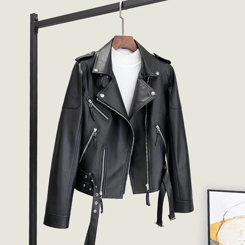 2025 Sheepskin Jacket For Women Slim Fit Genuine Leather Fashionable Versatile Suit Collar Biker Motor Jacket Belt Plus Size