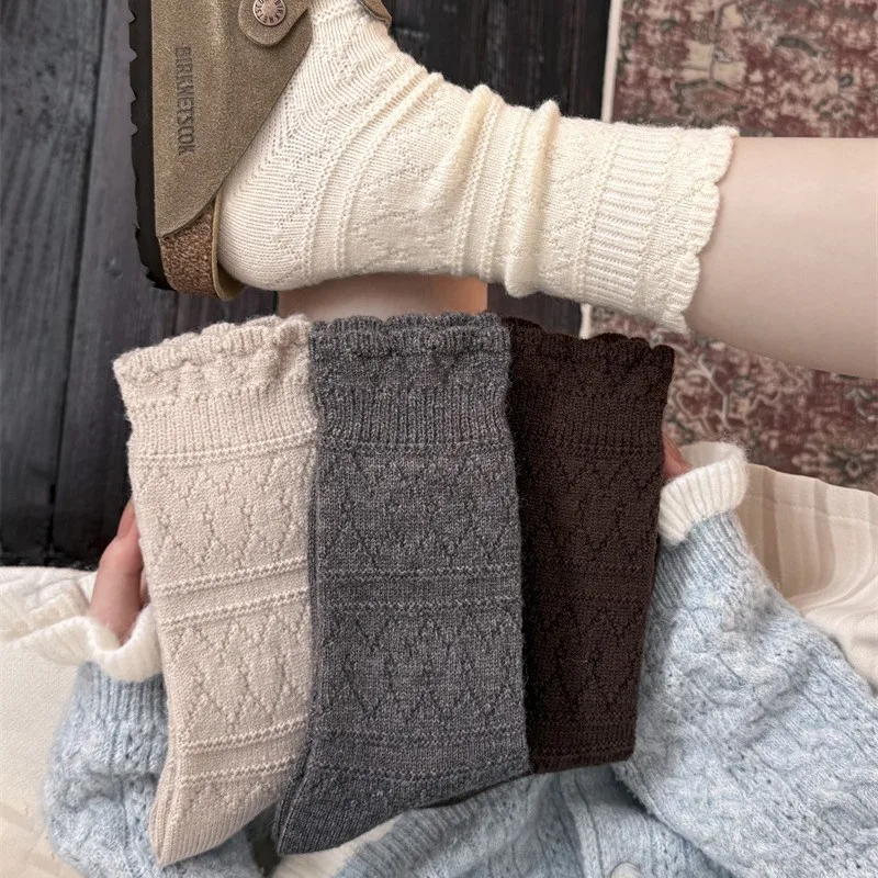 1 Pair Milky White Lace Trim Mid-Calf Boot Socks for Women Slouchy Thick Warm Wool Crew Socks Winter Thermal Knit Stockings