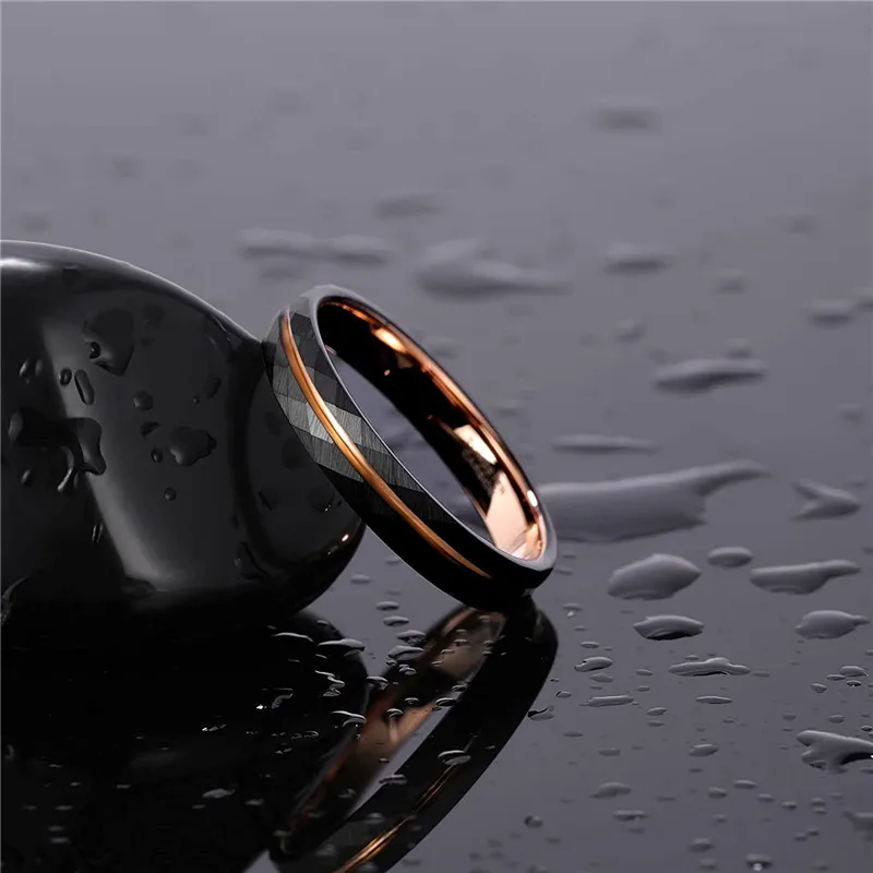 Tigrade 4 mm 6 mm 8 mm schwarze Wolframringe für Männer und Frauen, dünner Roségold-Rillen-Ehering mit gehämmerter Ehering, bequeme Passform, Größe 5–14 – Detail 8