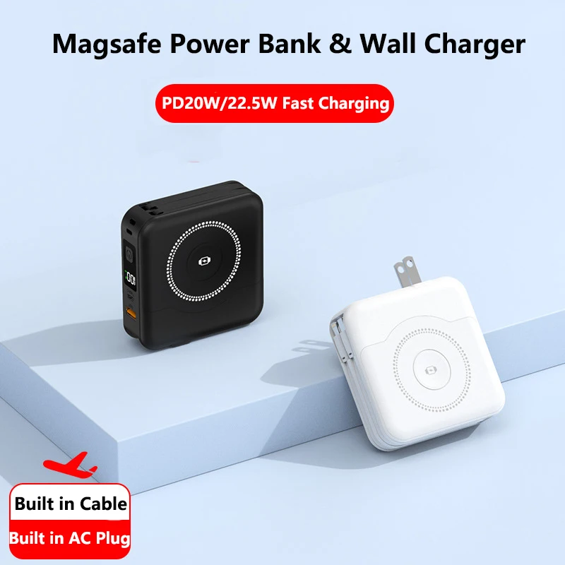 

10000mAh Magnetic Wireless Power Bank with Cable Plug Wall Charger 22.5W Fast Charging for iPhone 15 14 iWatch Airpods Powerbank