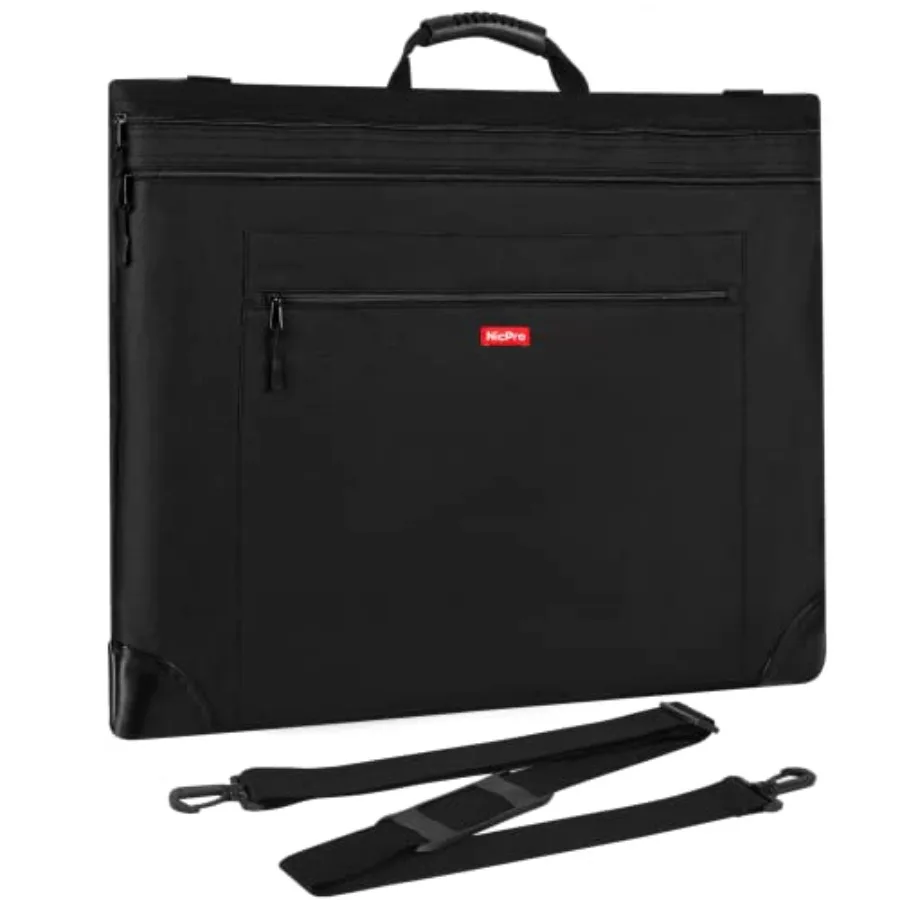Bolsa de portafolio de arte ligera, funda de lona negra de 18x24 pulgadas con correa de hombro desmontable y esquinas de cuero para proteger