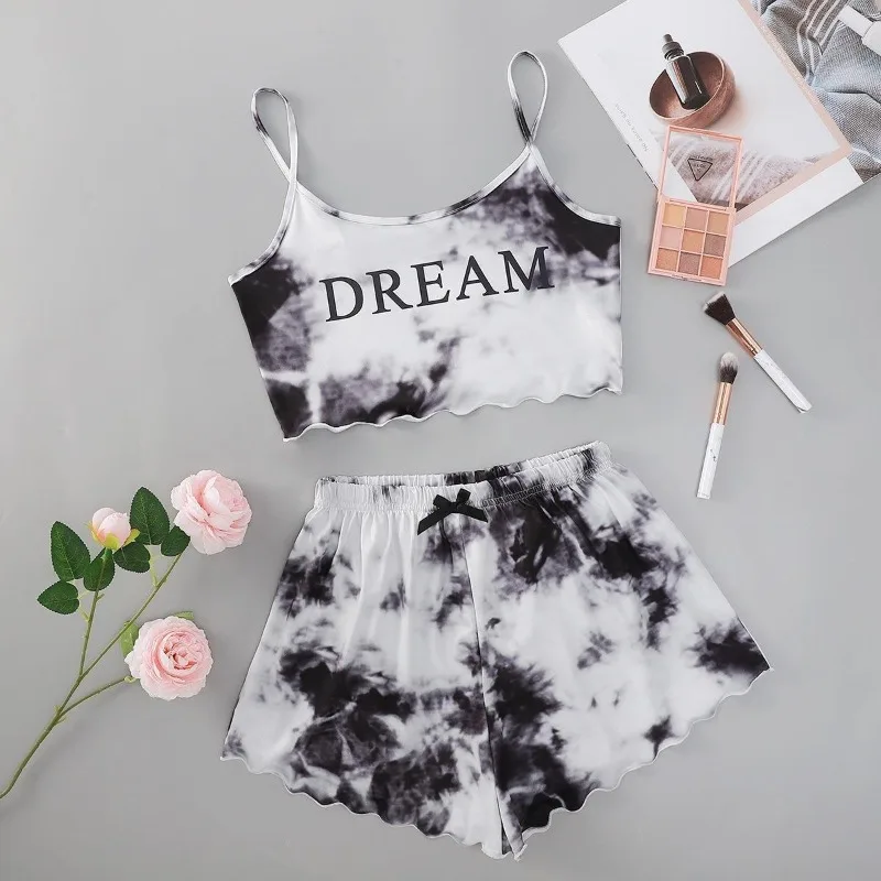 Women Pajamas Tie-Dye English Print Sexy Women Casual Camisole Tops Plus Size Shorts Loungewear Pajama Sets Can Be Worn Outside