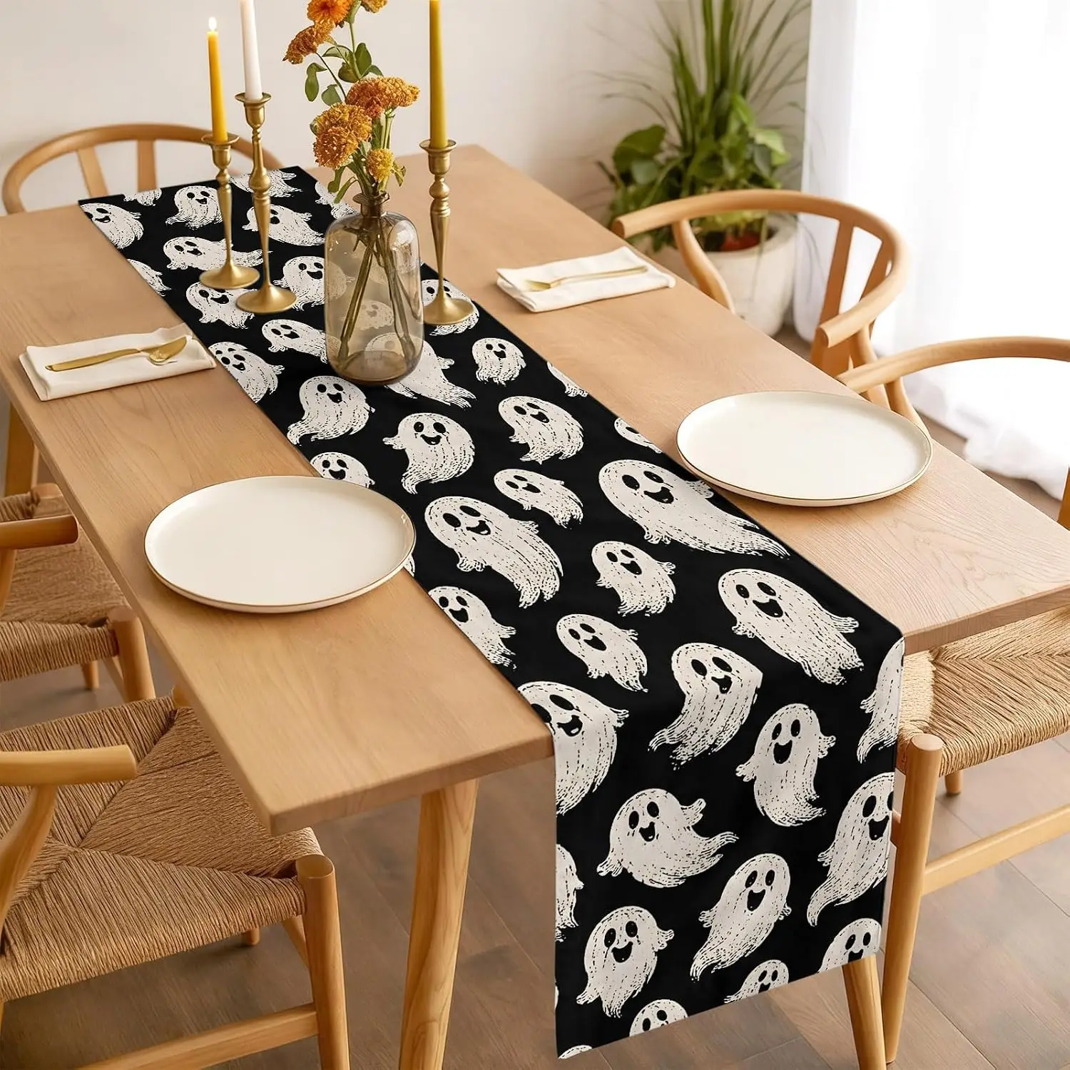 Halloween Horror Ghost Linen Table Runner Holiday Party Decor Reusable Kitchen Dining Table Runner Halloween Decorations