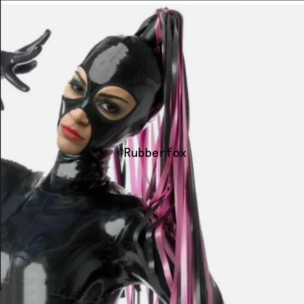 

Черный латексный капюшон по индивидуальному заказу, капюшон для ролевых игр с смешанным розовым и черным хвостиком, резиновая маска для косплея для взрослых